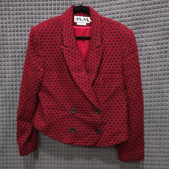 VTG Krizia Italian Blazer Jacket Sz12 Red Wool Tweed Double Breasted Peacoat USA - Picture 1 of 16